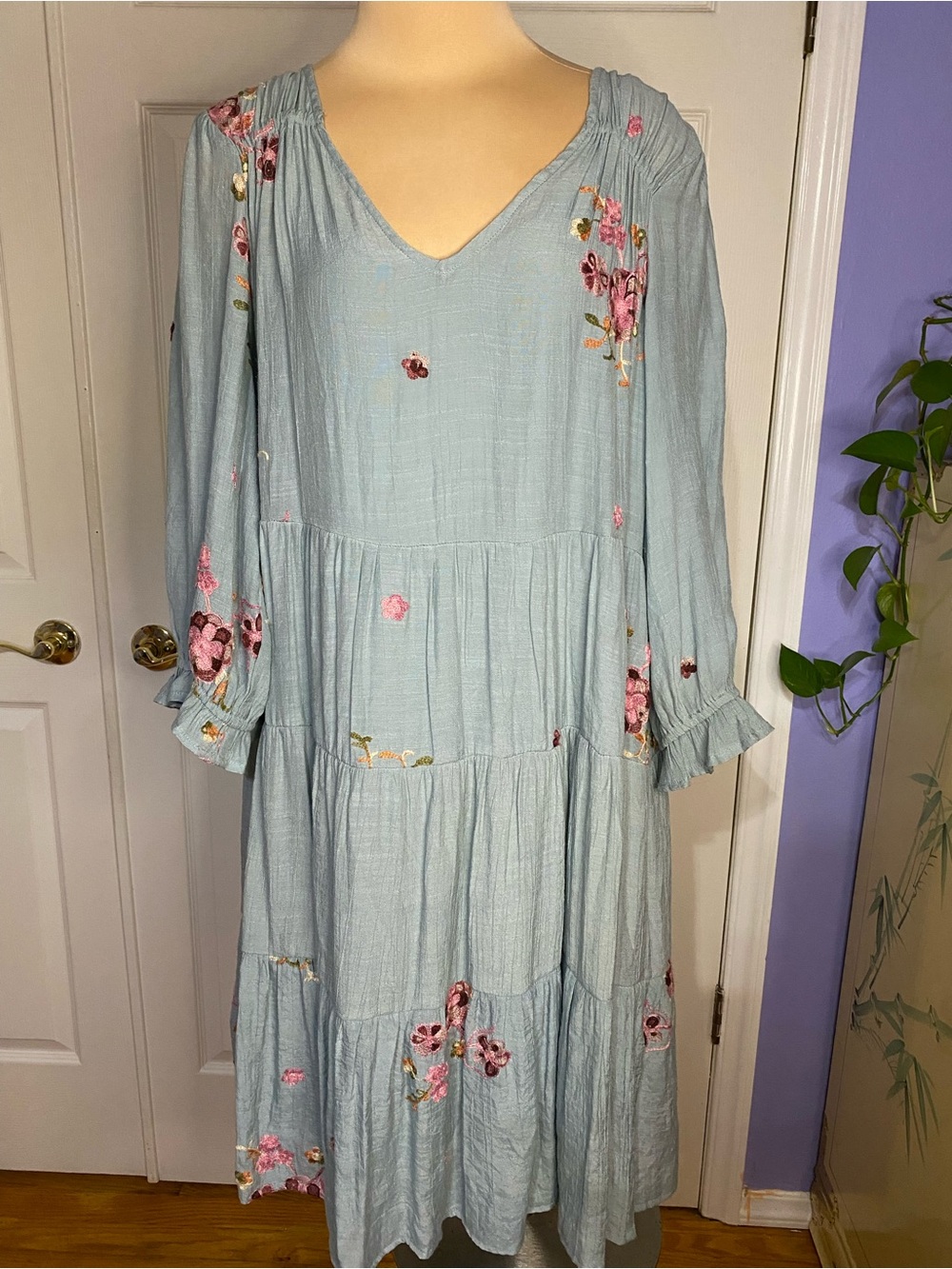 Light Blue Embroidered Floral Tiered V-Neck Long Sleeve Dress NWOT Cottagecore